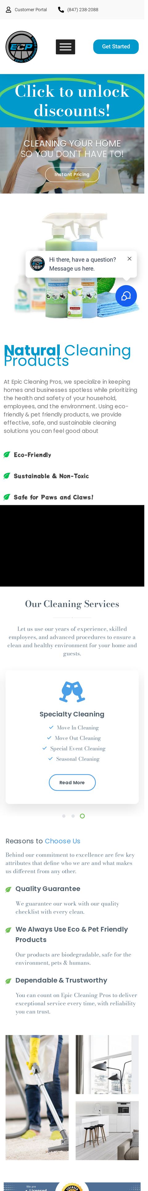 Epic Cleaning Pros website on mobile