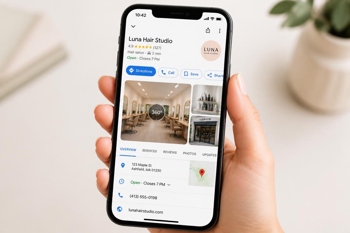 Google Maps business listing with a 360° interior tour of a local salon